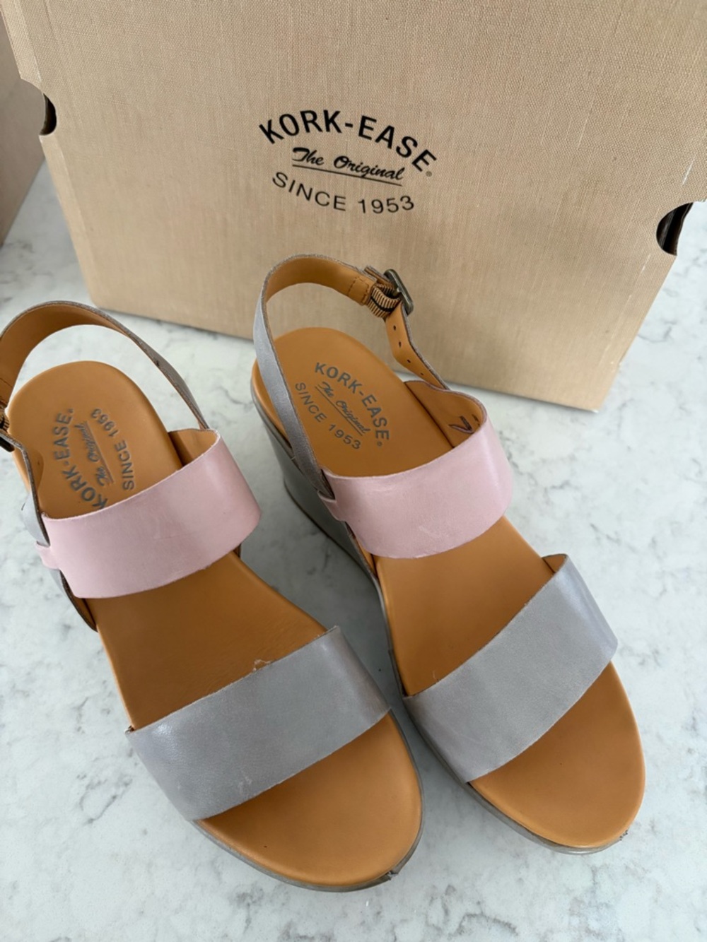 Kork-Ease Austin Women’s Pink and Gray Leather Two-Band Sandals